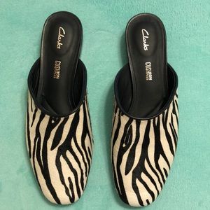 Clarks cushion plus zebra print slip on shoes/ mules